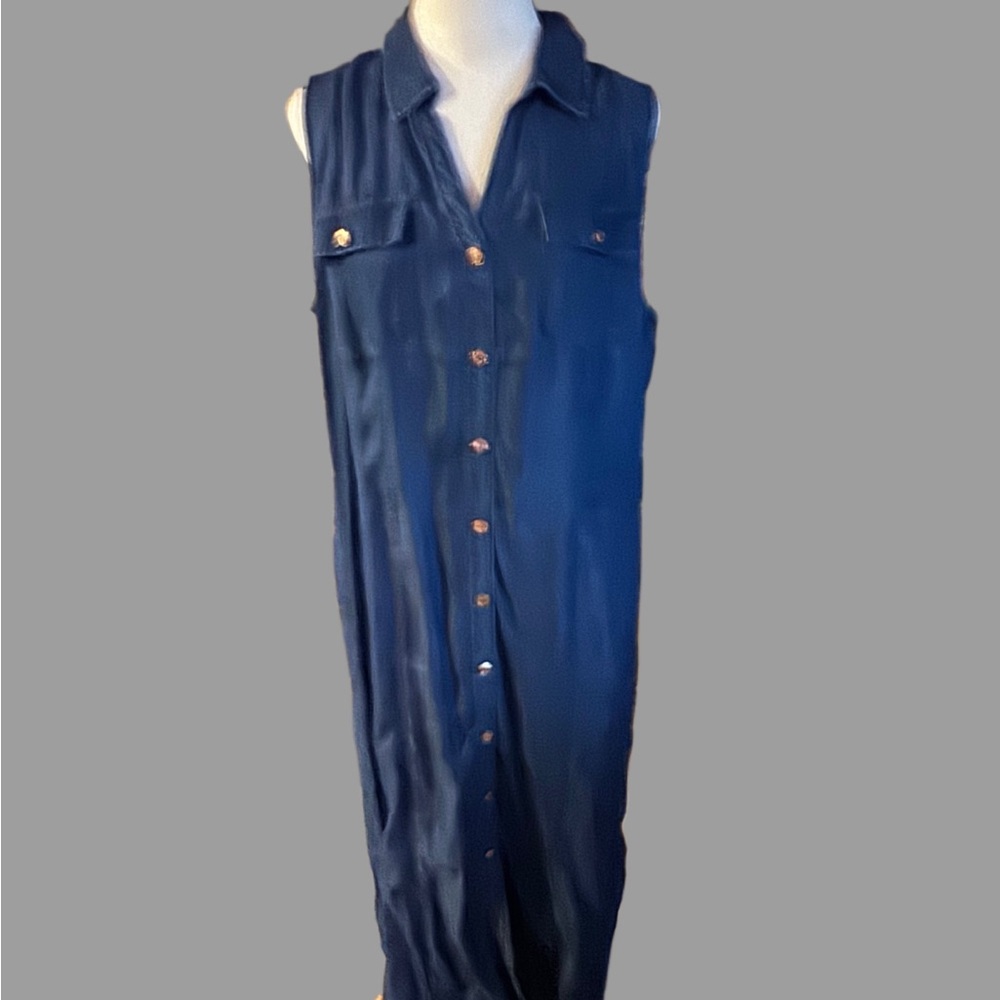 Sleeveless Navy Denim Button -Up Dress